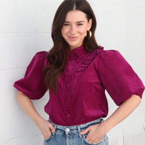 SUNCOO bright plum corduroy ruffle blouse/shirt, size small - Picture 7 of 12